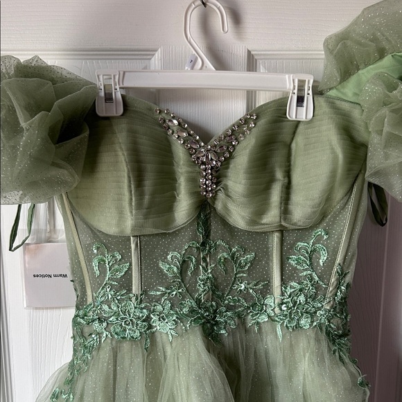 Sage Green Tulle Party Dress with Puff Sleeves - Picture 7 of 10